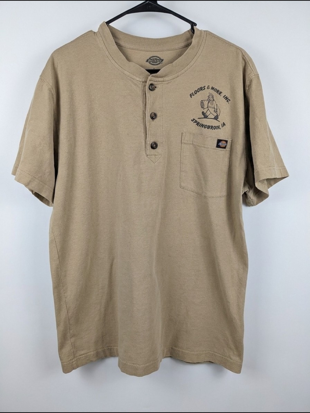 Dickies Men's Henley Pocket T-Shirt Large Tan Workwear Heavyweight Cotton Tee